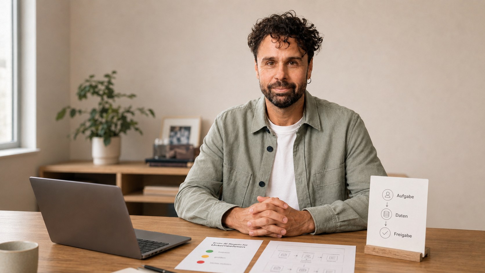 Manuel Hirschi an einem Tisch mit Laptop und Karte zu Aufgabe, Daten und Freigabe