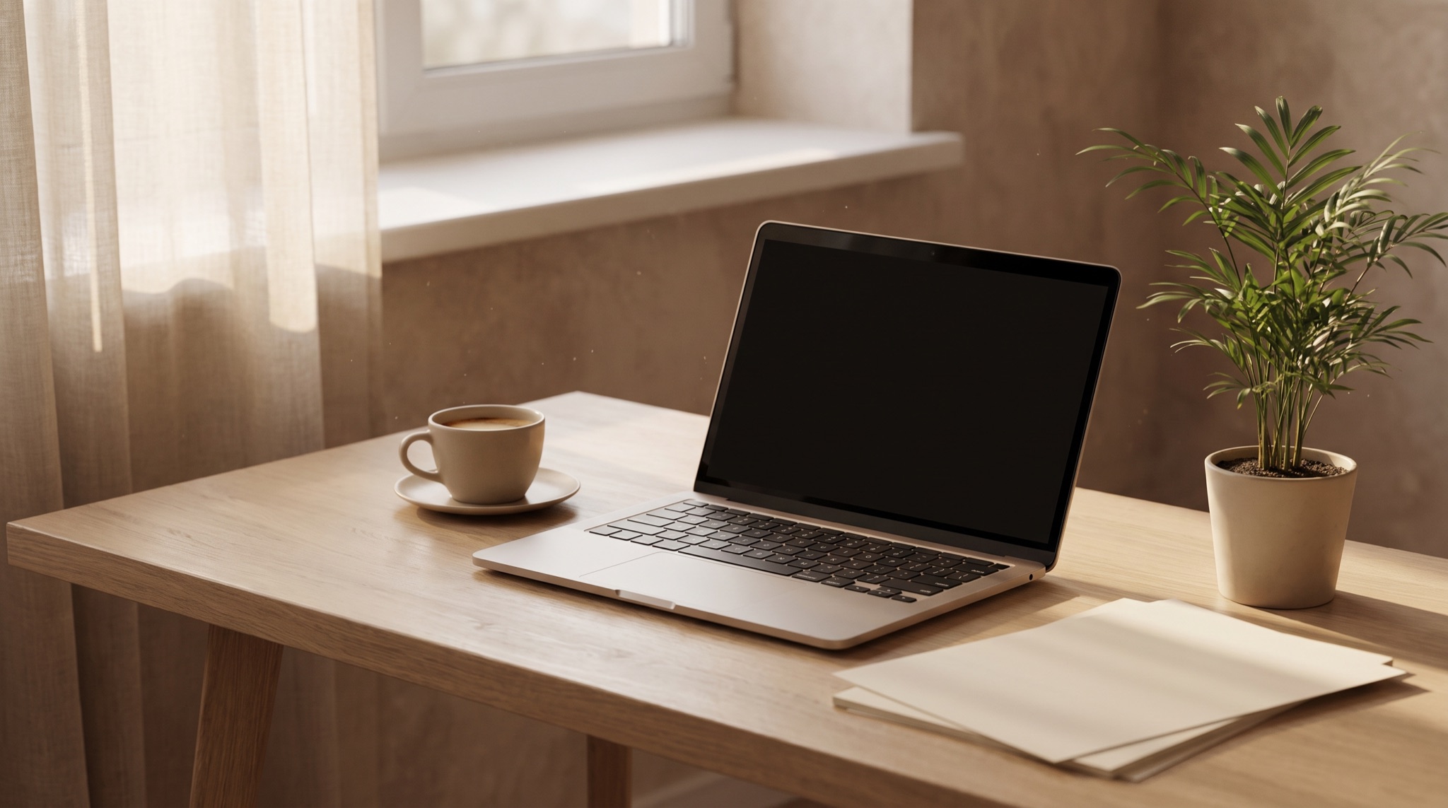 Ruhiger Arbeitsplatz mit Laptop, Kaffee und einer Pflanze bei warmem Tageslicht